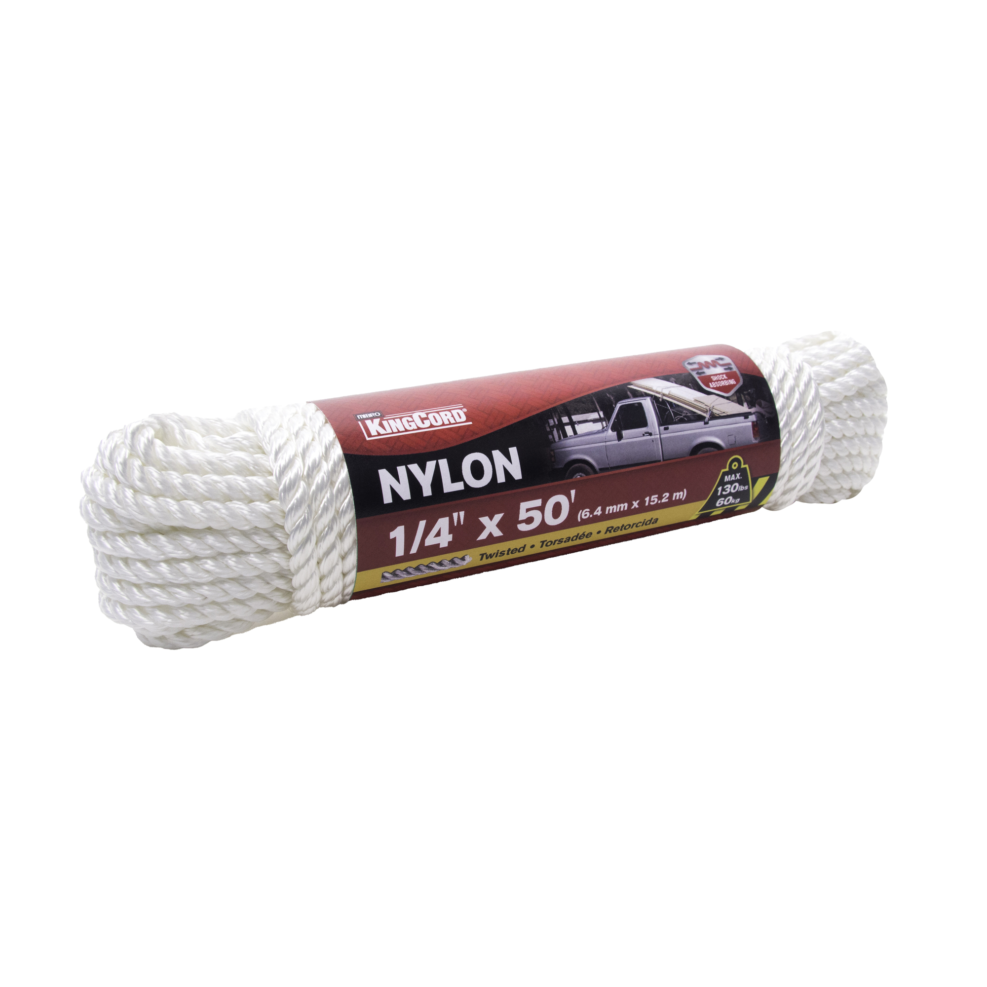 KingCord, 1/4in. x 50ft. Nylon Twisted Rope-White - Hank, Working Load 130 lb, Length 600 in, Material Nylon, Model# 300281V1